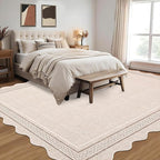 GarveeHome Scalloped Washable 8x10 Area Rugs for Living Room Non Slip Soft Solid Beige Bedroom Rugs Low Pile Foldable Large Area Rug Stain Resistant Carpet for Nursery Dining Room Playroom, Beige