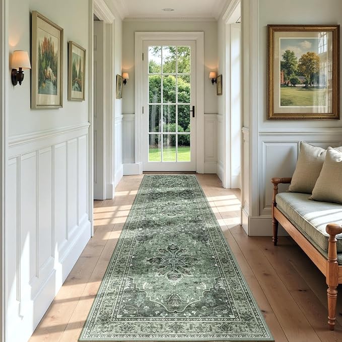 Area Rugs 3'x9' Runner Rug Non Slip Washable for Kitchen Hallway Bedroom Beside Laundry Room Bathroom Rug, Floor Carpet, Dark Green Gray