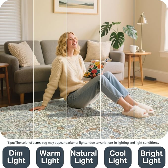 Vintage Beige Blue Living Room Rug, 9x12 Washable Area Rugs for Dining Room Under Table, Soft Low Pile Large Carpet Bedroom, Non-Slip Boho Floral (9 x 12 Beige Blue)