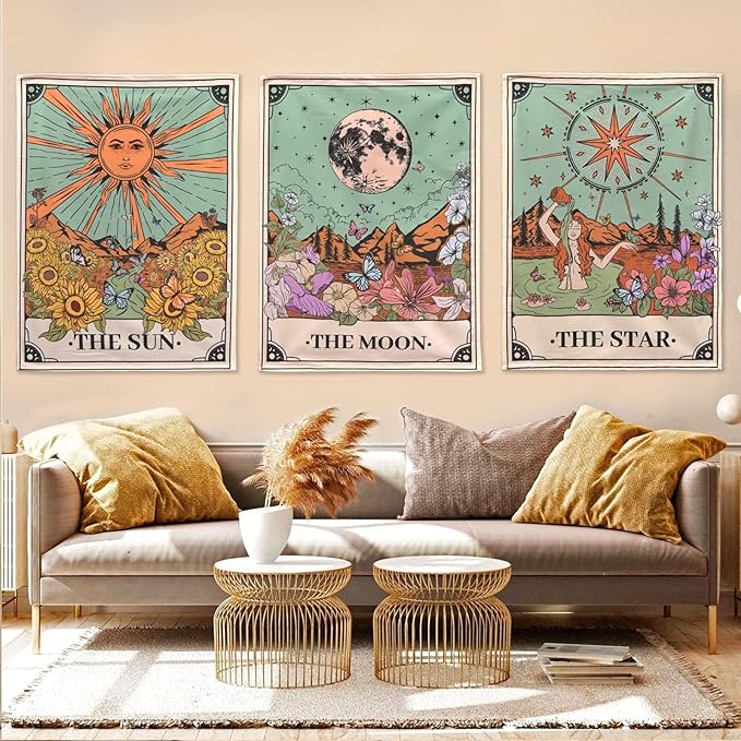 Aipon Tarot Tapestry Cute Tarot Card Tapestries 3 Pack Sun Moon Star Green Floral Flower Small Aesthetic Tapestry Wall Hanging for Bedroom Living Room Dorm (20'' × 27'')