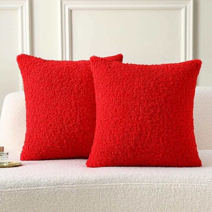 FUTEI Red Throw Pillow Covers 22x22 Inch Set of 2,Furry Faux Fur Teddy Boucle Textured Cushion Covers,Soft Fluffy Decorative Pillow Case,Home Decor for Couch Bed Living Room Office Car