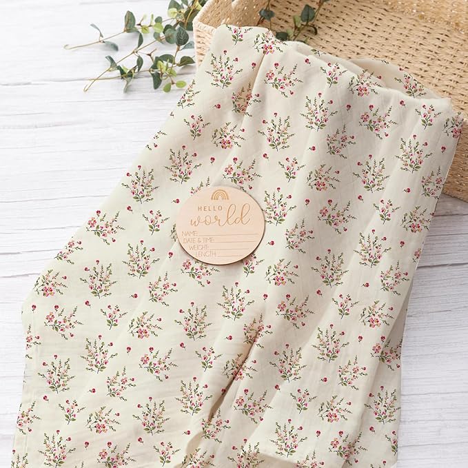 Newborn Swaddle Set with Matching Hat and Headband Bow, Wooden Birth Announcement Card, Muslin Baby Swaddle Blankets for Girls, Wildflower Pattern