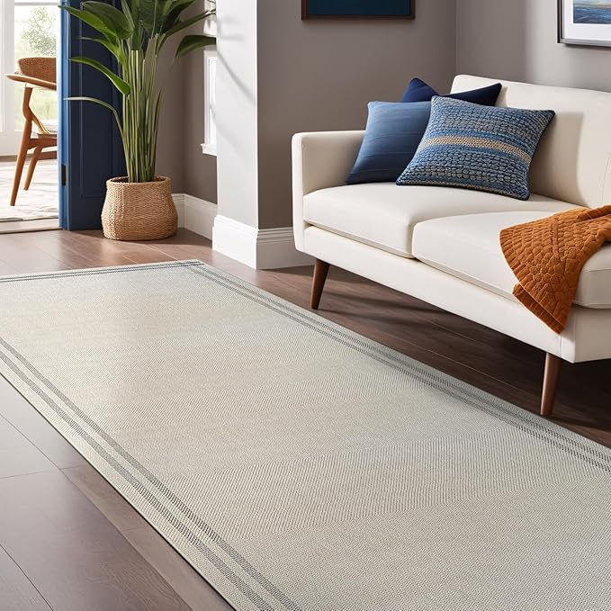 Easy Jute Rugs 2x7 Bordered Bone Color Living Room Indoor Outdoor Runner Rug for Patio and Kitchen Rug High Traffic Washable Easy to Clean Solid Boho Woven Design Outside Carpet (2 x 7)