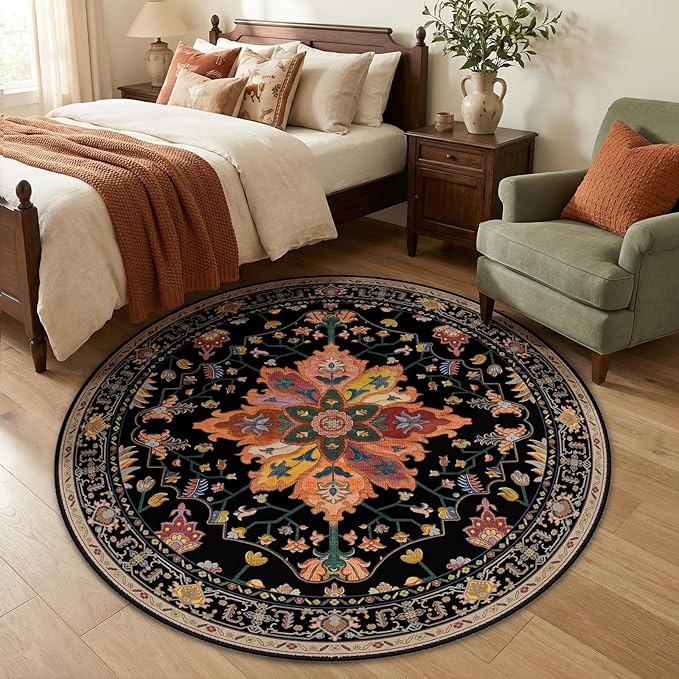 Area Rugs 5ft Washable Non-Slip, Floral Vintage Distress Print Pattern Medallion Carpet for Living Room Bedroom Dining Room, Black Colorful Floral Dark Tan