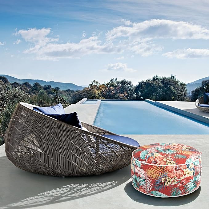 Outdoor/Indoor Inflatable Ottoman Pouf D20 xH9, All Weather Round Footstool with Foot Pump, Water Repellent Portable Footrest with Handle for Patio Garden Camping Travel-Chili Red Floral