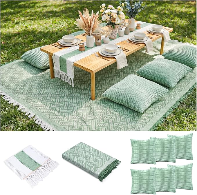 Extra Large Outdoor Boho Picnic Blanket with Table Runner and 6 Throw Pillows Covers for Outdoor Essentials Beach Accessories Basket Set Oversized Manta Yard Outside Mat Wedding Party Decor Sage Green