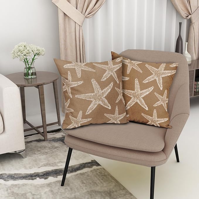 Kawani Tan Brown Starfish Ocean Pillow Covers 18X18 Inch Summer Nautical Coastal Beach Decorative Pillow Cases Set of 2 Cotton Linen Throw Pillows Seasonal Home Decor for Sofa Couch Cushion Outdoor