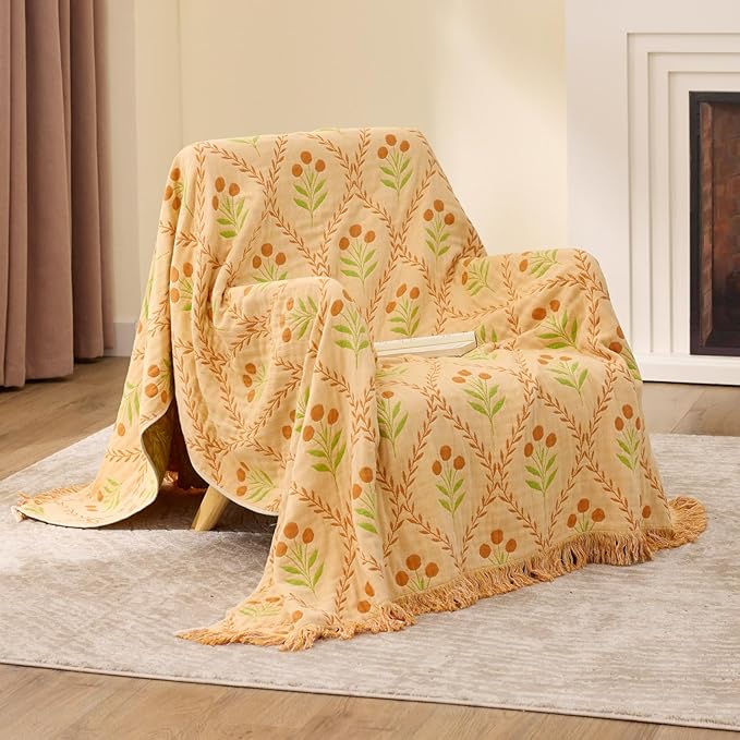 100% Cotton Boho Throw Blanket for Home Decor – Classic Farmhouse Quilt Bedding, Muslin Blankets for Adults, Vintage Woven Decorative Blanket for Couch, Bed Layering Use, Vintage Floral, 50"x60"