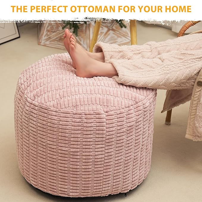 Round Stuffed Pouf Ottoman for Foot Rest, Storage Ottoman Pouf Foot Stool Cushion, Faux Fur Poufs with Foam Chunk Filling, 20 X 15 Inch Floor Chair for Living Room Bedroom Home Decor, Pink