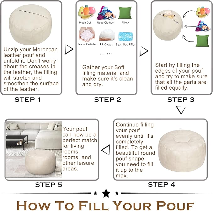 Thgonwid Unstuffed Moroccan Storage Pouf Foot Stool Ottoman Seat Handmade Faux Leather Bean Bag Floor Chair Foot Rest for Living Room, Bedroom or Balcony (Ivory White)