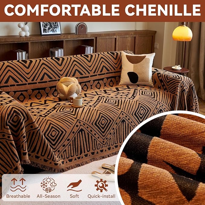 VClife Boho Couch Covers Washable Sofa Cover for Sofa, Luxury Sectional Couch Cover Chenille for 3 Cushion Couch, Anti Slip Pet Sofa Slipcover Dog Couch Cover Throw, Black Pumpkin Geometry, 71"x150"