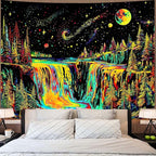 Zussun Blacklight Forest Tapestry for Bedroom Aesthetic Hippie Mountain Waterfall Tapestries Wall Hanging Glow in The Dark Moon and Stars Wall Tapestry for Living Room Dorm 60 × 44 Inch