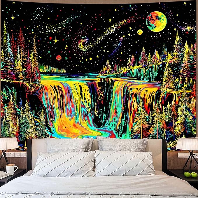 Zussun Blacklight Forest Tapestry for Bedroom Aesthetic Hippie Mountain Waterfall Tapestries Wall Hanging Glow in The Dark Moon and Stars Wall Tapestry for Living Room Dorm 60 × 44 Inch
