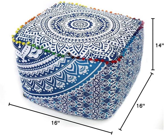 CRAFT KALA Indian Square Patchwork Traditional Pouf Cover Indian Living Room Poufs Cover Decorative Designer Ottoman Pom Pom Home Living Footstool Chair Cover Ottoman Decor 16X16X14 inches, Blue Ombre