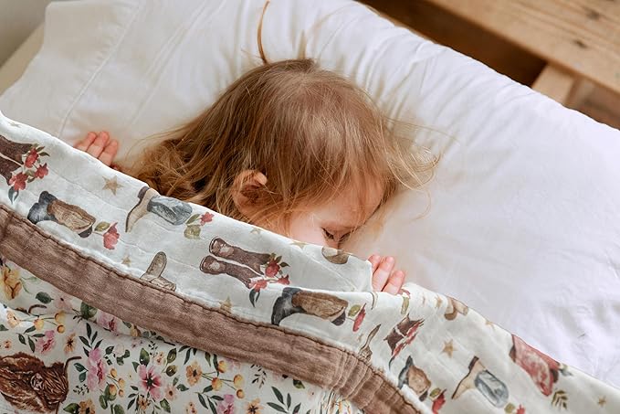 Little Jump Cowgirl Floral & Highlandcow Muslin Blanket Baby Quilt - Silky Soft and Breathable Crib Blanket for Daycare - Large 47" x 47" - 2 Layers Toddler Summer Blankets for Girls (Cow Girl)