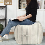 AELS Unstuffed Farmhouse Pouf Cover for Living Room, Boho Storage Bean Bag Cubes, Beige with Gray Stitch Yarn Dyed Stripe Square Ottoman Pouf Foot Rest Footstool, 18"x18"x18", Cover ONLY