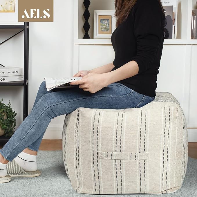 AELS Unstuffed Farmhouse Pouf Cover for Living Room, Boho Storage Bean Bag Cubes, Beige with Gray Stitch Yarn Dyed Stripe Square Ottoman Pouf Foot Rest Footstool, 18"x18"x18", Cover ONLY