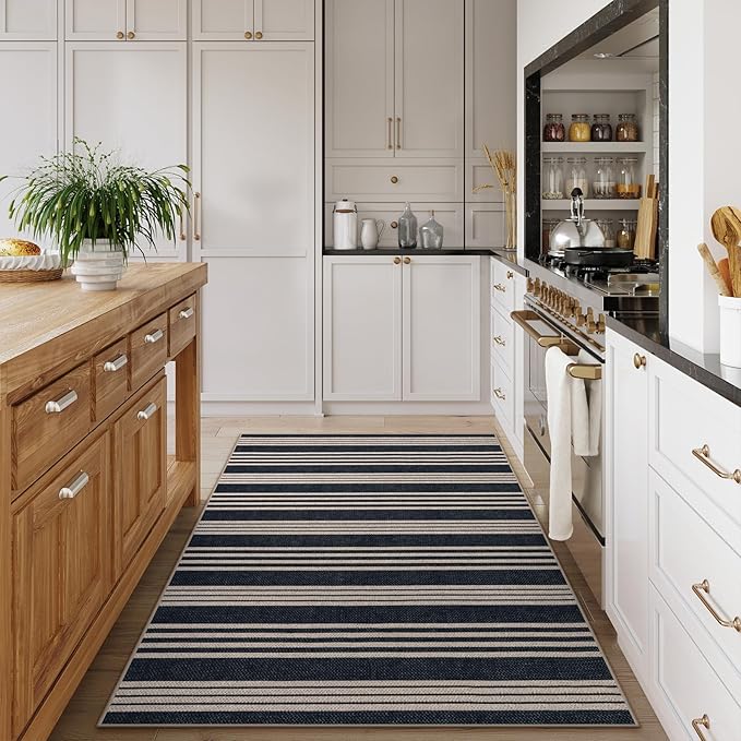 Lahome Elance Striped Easy Jute Washable Rug, 3x5 Outdoor Porch Patio Entryway Rug Indoor Outdoor Carpet for Living Room, Farmhouse Neutral Non Slip Black Carpet for Backyard Bedroom Kitchen