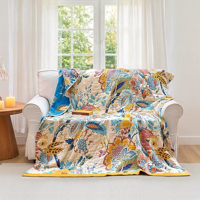 Boho Throw Blanket - 90"x90" 100% Cotton Ultra Soft Lightweight Spring Blanket, 4-Layer Breathable Muslin Blankets for Bed Couch, Reversible Green Floral Butterfly Printed Bohemian Cotton Quilt