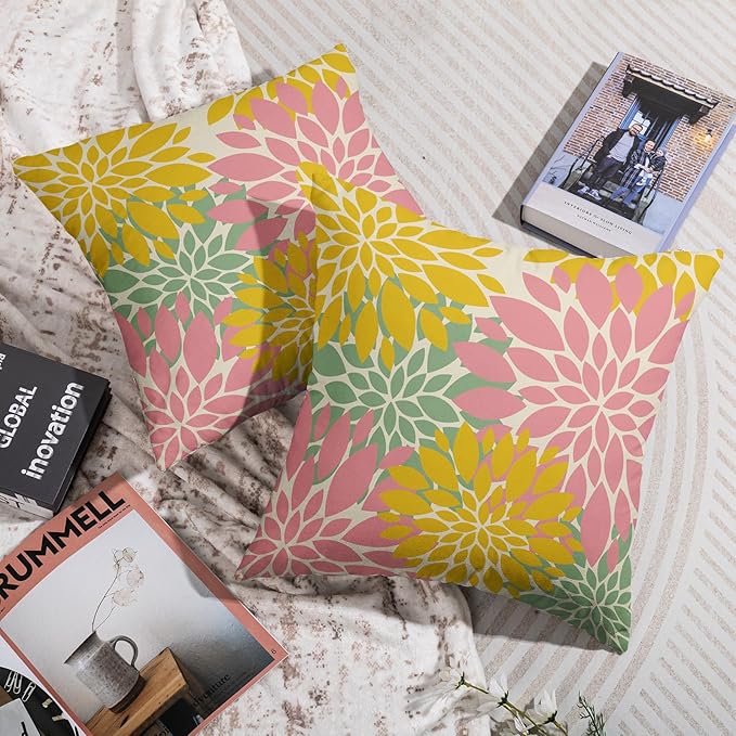 Yellow Pink Green Spring Pillow Covers 22X22 Inch Set of 2, Modern Dahlia Floral Print Decorative Throw Pillow Covers Outdoor Farmhouse Cushion Case for Home Couch Sofa Bed Decoration