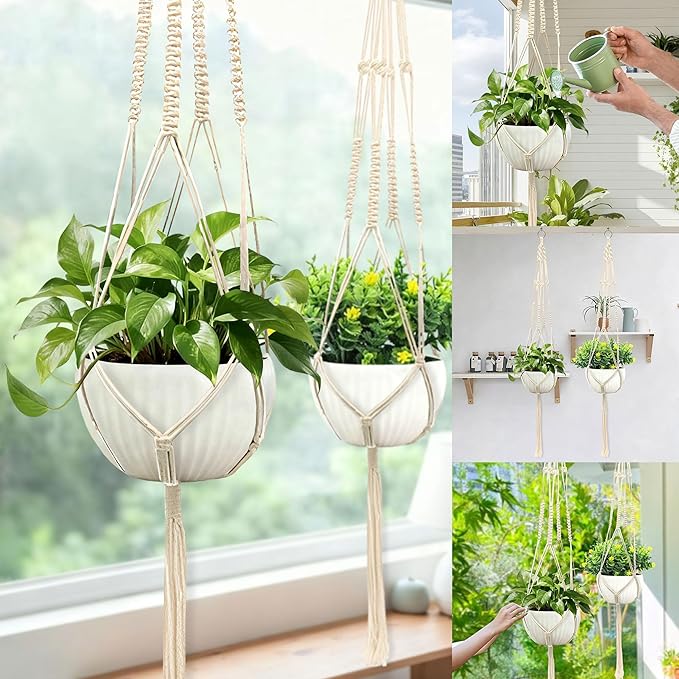 Macrame Plant Hanger, Hanging Planter Basket with Decorative Tassels, Decorative Flower Pot Holder for Indoor Outdoor Boho Home Decor, Set of 2 (Metal Hanging Ring)
