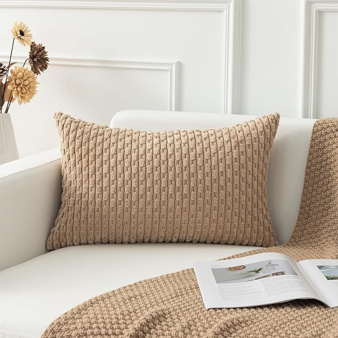 Kevin Textile 14x22 Inch Pillow Cover 1 Pack Boho Decorative Soft Striped Corduroy Lumbar Farmhouse Solid Color Accent Rectangle Cushion Case for Living Room Couch Sofa Bed, Tan