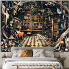Accnicc Fantasy Forest Bookshelf Tapestry Witchy Fairy Tree Mushroom Retro Backdrop Tapestries Wall Hanging Vintage Library Book Tapestry for Bedroom Living Room Dorm 80 x 60 inch