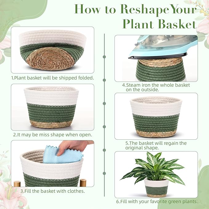 Remerry Plant Basket with Stand, Cotton Rope and Wicker Plants Baskets Indoor with Plastic Liner and Stand, Green White Woven Flower Pot for Indoor Home Living Room Floor Potted Decor(12inch)