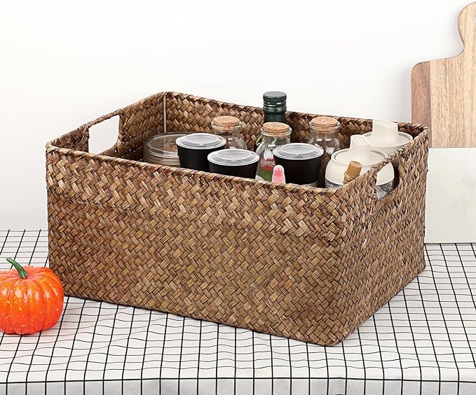Hipiwe Seagrass Storage Baskets Bin for Shelf Handwoven Wicker Baskets Built-in Handles Rectangular Closet Bedroom Organizer Box Multipurpose Storage Basket Organizer,16.1"L x11.8"W x7.7"H