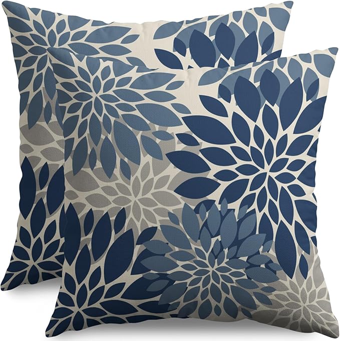 Dark Blue Grey Gray Pillow Covers 24X24 Inch Set of 2, Dahlia Flower Spring Summer Floral Cream Decorative Throw Pillow Covers Outdoor Modern Farmhouse Cushion Case for Home Couch Sofa Bed Decor