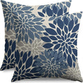 Dark Blue Grey Gray Pillow Covers 18X18 Inch Set of 2, Dahlia Flower Spring Summer Floral Cream Decorative Throw Pillow Covers Outdoor Modern Farmhouse Cushion Case for Home Couch Sofa Bed Decor