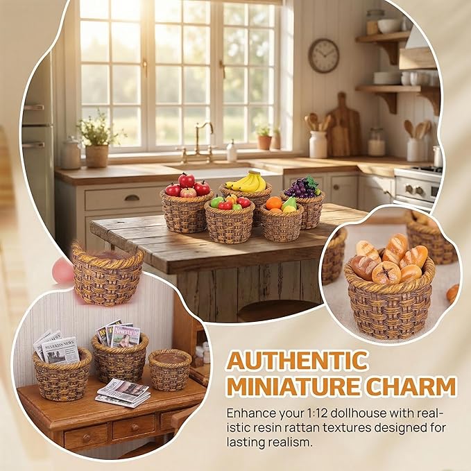 TOYANDONA 6Pcs Miniature Resin Rattan Baskets for Dollhouse Decoration Storage Holders Realistic Simulation Baskets Mini House Accessories