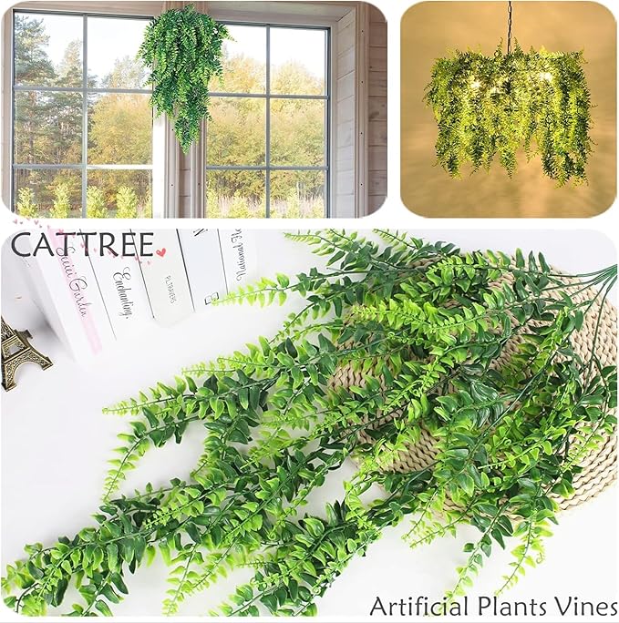 CATTREE Artificial Boston Hanging Vines Plants Fake Fern Ivy Faux UV Resistant Greenery Faux Vine Leaves Rattan for Outdoor Indoor Decor Wall Hanging Baskets Wedding Party Garland Decorations 2 Pack