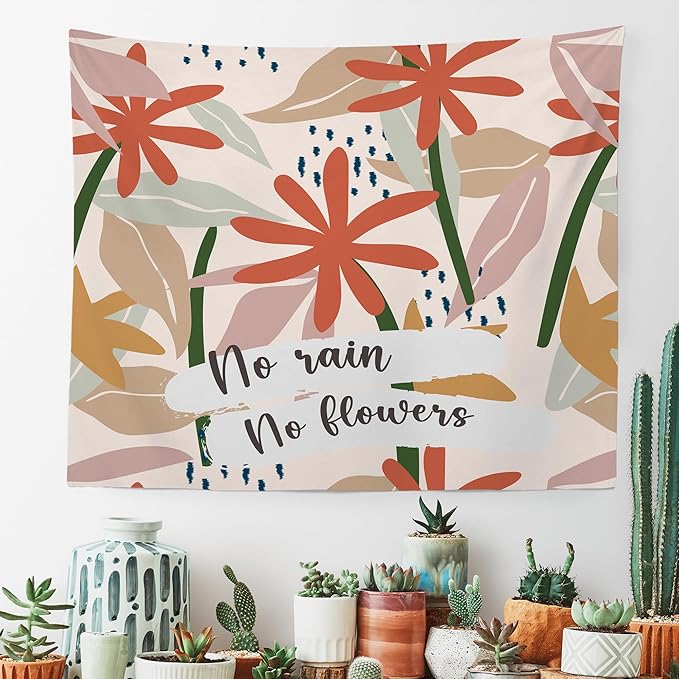 MNOSAIOO Boho Floral Spring Wall Tapestry Hanging for Classroom, Inspirational No Rain No Flower Tapestry, Cute Nursery Tapestries Wall Decor for Bedroom Therapy Girly Room Kids 60x50 inch