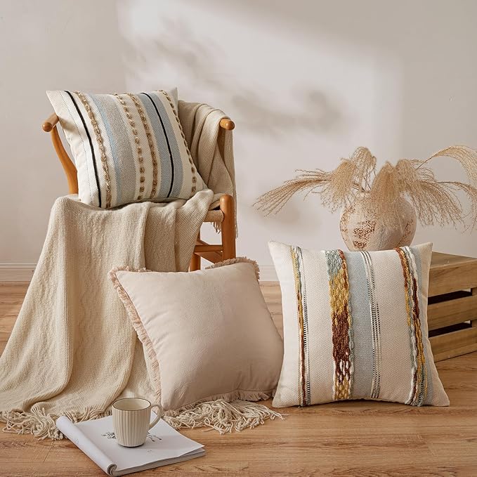 ANRODUO Pack of 2 Boho Decorative Throw Pillow Covers 24x24 Farmhouse Cushion Case Striped Chenille Pillow Cases Square Pillow Covers Accent Neutral Pillowcase for Sofa Couch Bed, Light Blue Stripe