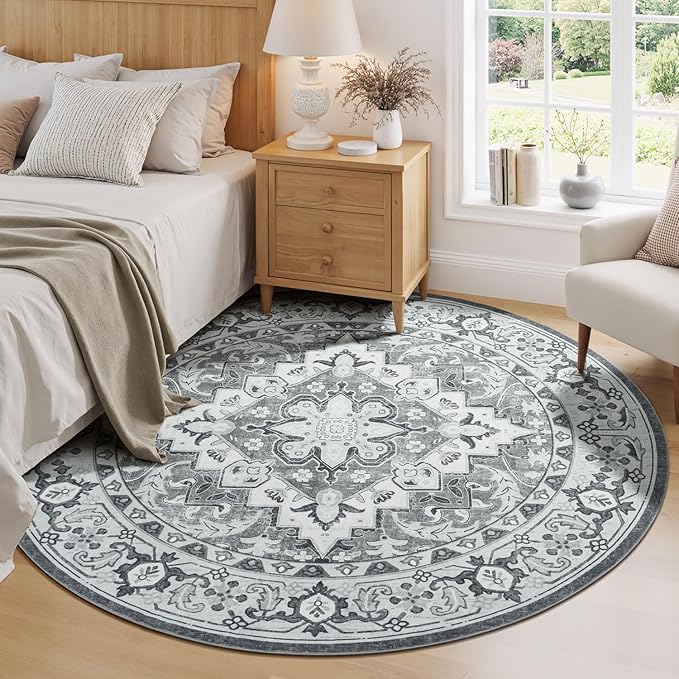 Lessymo 6FT Washable Round Area Rugs for Living Room, Non Slip Circle Rugs Low Pile Vintage Carpet for Bedroom, Dining Room, Nursery, Home Office, Grey Beige