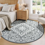 Lessymo 6FT Washable Round Area Rugs for Living Room, Non Slip Circle Rugs Low Pile Vintage Carpet for Bedroom, Dining Room, Nursery, Home Office, Grey Beige