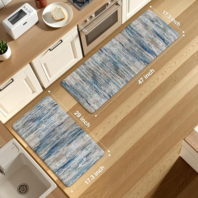 KIMODE Christmas Anti Fatigue Kitchen Mats for Floor 2 Piece, Blue Grey Farmhouse Kitchen Rugs 17"x47"+17"x29", Non Slip Waterproof Kitchen Floor Mats, Standing Mats for Laundry Office Sink Desk