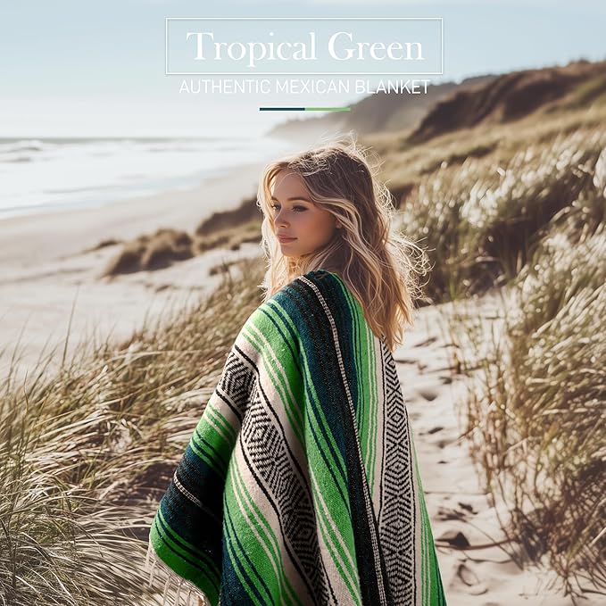 Hydration Nation Authentic Extra Large Mexican Blanket (70"x50") - Handwoven Yoga, Serape- Artisanal Falsa, Beach, Camping, Picnic, Outdoor - Tropical Green