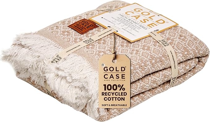 Gold Case Throw Blanket for Couch - 100% Recycled Turkish Cotton Blankets & Throws - Retro Soft Throw Blankets for Living Room - Boho Decorative Woven Couch Blanket - 60x80 - Beige