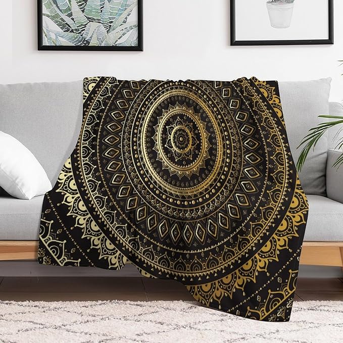 Black Gold Mandala Throw Blanket Boho Indian Hippie Vintage Abstract Bohemian Flower Blanket for Sofa Bed Couch Chair Or Dorm 30"x40"