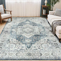 Lessymo Large Area Rugs for Living Room, Soft 6x9 Washable Rug for Bedroom Dining Room Nursery Room Farmhouse, Boho Non Slip Low Plie Carpet Vintage Floral Design, Blue Grey/Beige