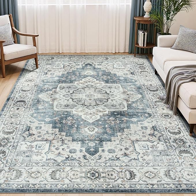 Lessymo Large Area Rugs for Living Room, Soft 6x9 Washable Rug for Bedroom Dining Room Nursery Room Farmhouse, Boho Non Slip Low Plie Carpet Vintage Floral Design, Blue Grey/Beige