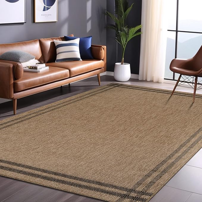 Easy Jute Rugs 4x6 Bordered Natural Color Living Room Indoor Outdoor Area Rug for Patio and Kitchen Rug High Traffic Washable Easy to Clean Solid Boho Woven Design Outside Carpet (4 x 6)