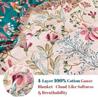 MSGKV Boho Throw Blanket for Couch 50"x60" Floral 100% Cotton Blanket Spring Breathable Lightweight Farmhouse Flower Blankets for Sofa Home Decor Muslin All Seasons