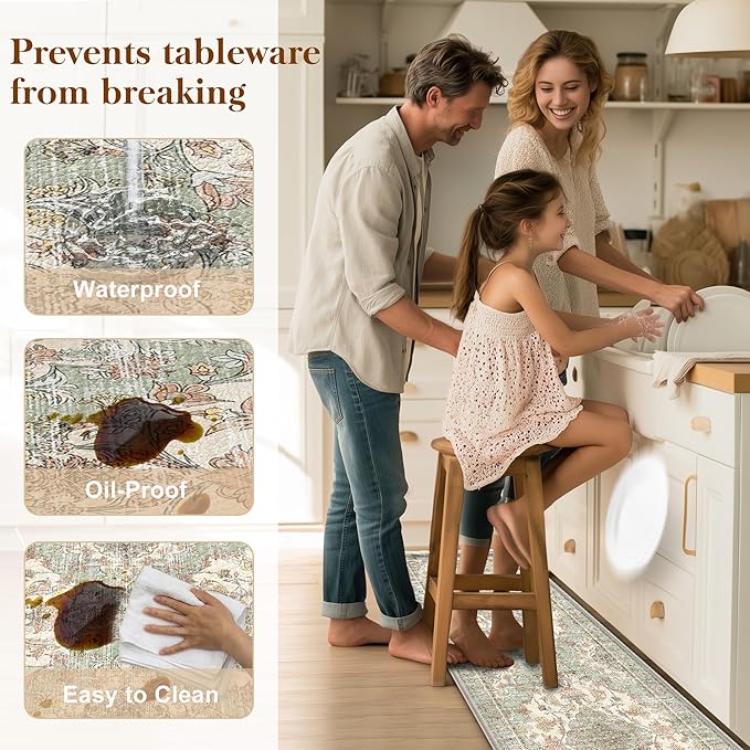 Boho Kitchen Mats for Floor 2 Piece Set Anti Fatigue Cushioned PVC Kitchen Rugs Non Slip Waterproof Farmhouse Mats 2/5 Inch Comfort Standing Mat for Laundry, 17.3"x47"+17.3"x28", Green Orange Beige