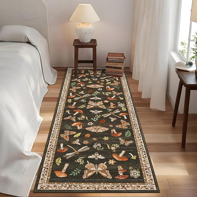 2.5x8 Runner Rug for Hallway Washable Kitchen Rugs Non Slip with Rubber Back Mushroom Soft Low-Pile Stain Resistant Foldable Indoor Carpet for Entryway Laundry Room Floor Mats Brown