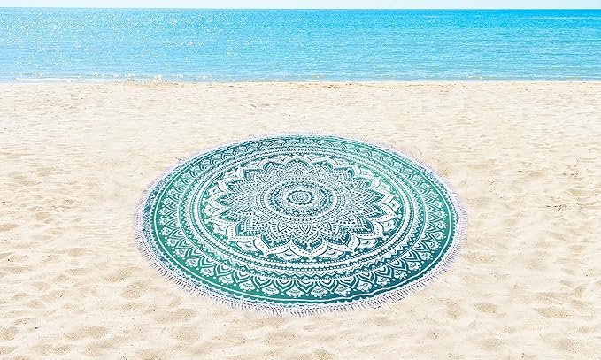 Round Beach Tapestry Turquoise Mandala Throw/Boho Hippie Beach Blanket Roundie/Indian Cotton Bohemian Large Round Table Cloth-Home Decor/Yoga Mat Meditation Picnic Rug (70", Green and White)