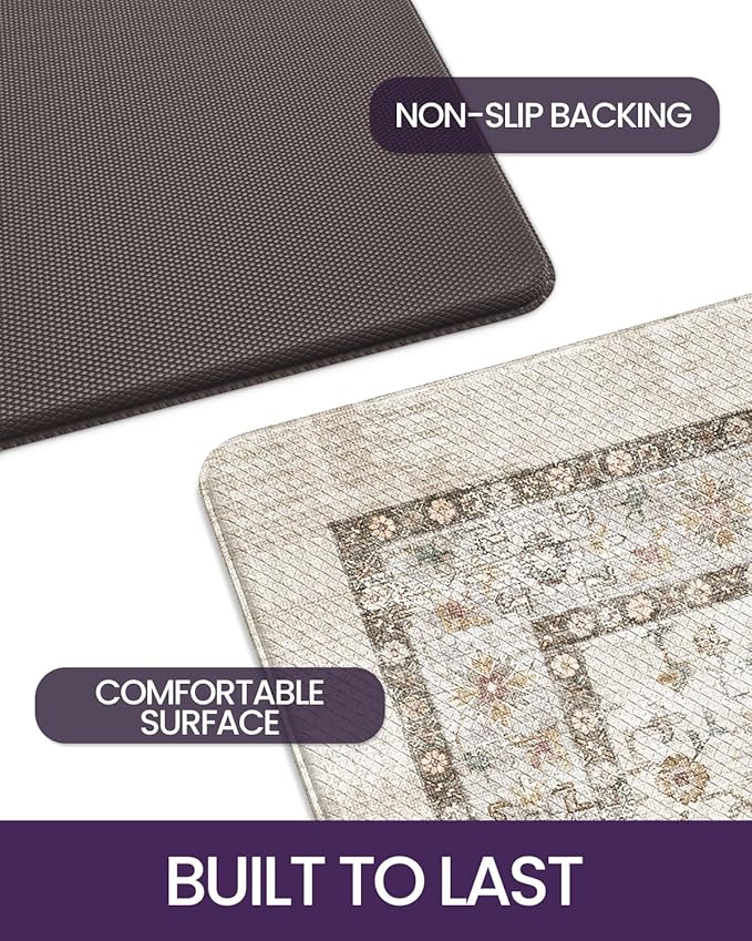 DEXI Kitchen Floor Mats Cushioned Anti Fatigue, 23x86 Long Wide Standing Comfort Runner Rug, Waterproof Rubber Memory Foam Padded for Front Sink Laundry, Beige/Ivory
