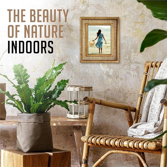 Rattan Picture Frame for 8x10 Photos | EACH UNIQUE Natural Fir Wood, Handwoven Rattan Mat, Boho Coastal Decor, Wall/Table Mount (12.5" x 14.5" Outer)